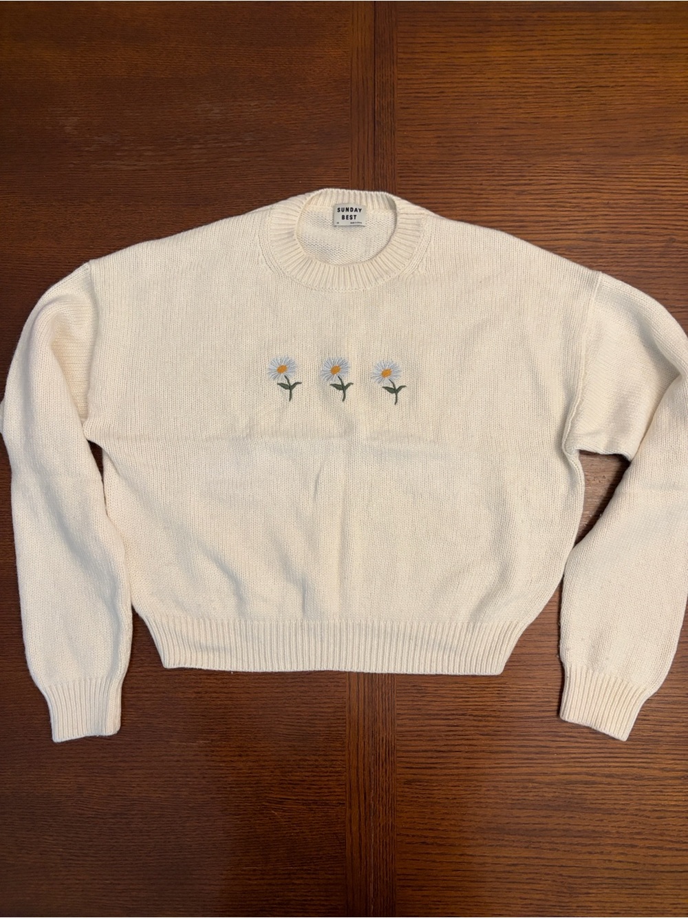 Sunday Best Cream Crewneck Sweater with Daisy Embroidery - Picture 2 of 5